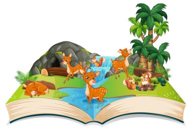 Şelalenin yanında hayvan sahnesi olan bir kitap.