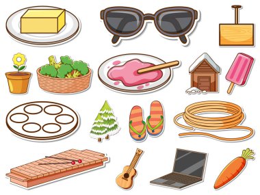 Karışık günlük nesneler çizimi etiketi