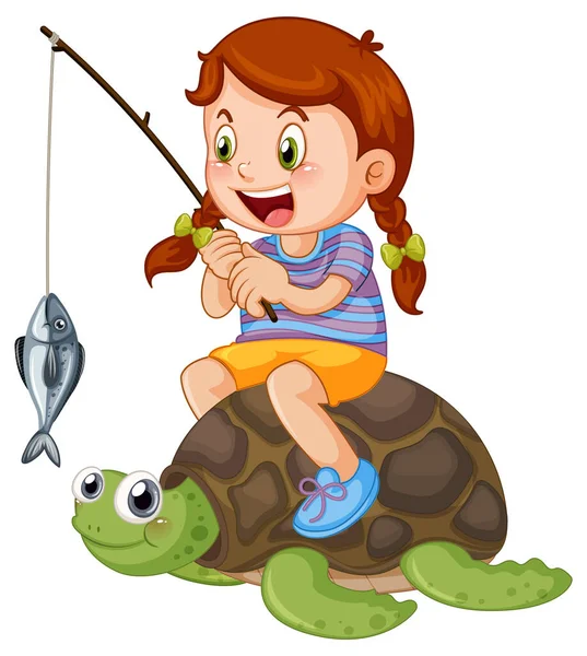 Niño Sentado Tortuga Ilustración Pesca — Archivo Imágenes Vectoriales