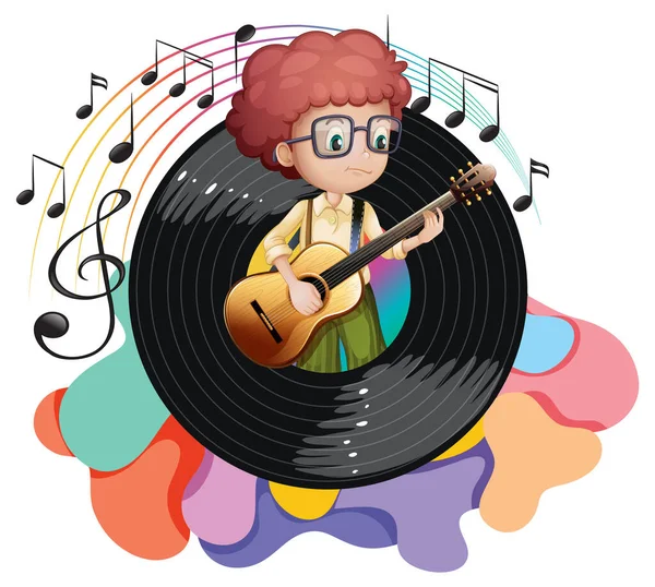 Ein Junge Spielt Gitarre Und Musik Melodie Symbole Illustration — Stockvektor