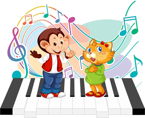 かわいい動物たちがピアノイラストの音符で歌を歌います — ストックベクタ