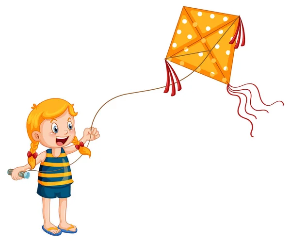 Cartoon Girl Playing Kite Illustration — Wektor stockowy
