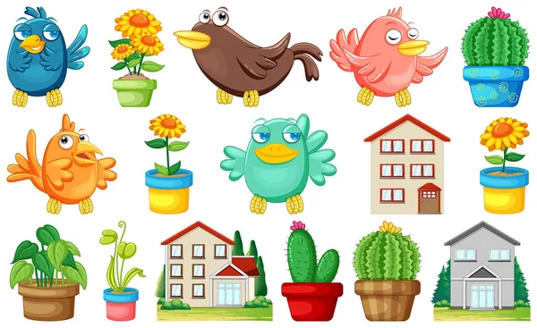 Different House Designs Cute Birds Illustration — Vector de stock