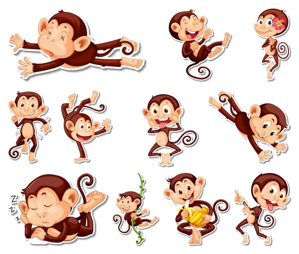 Sticker Set Funny Monkey Cartoon Characters Illustration — ストックベクタ