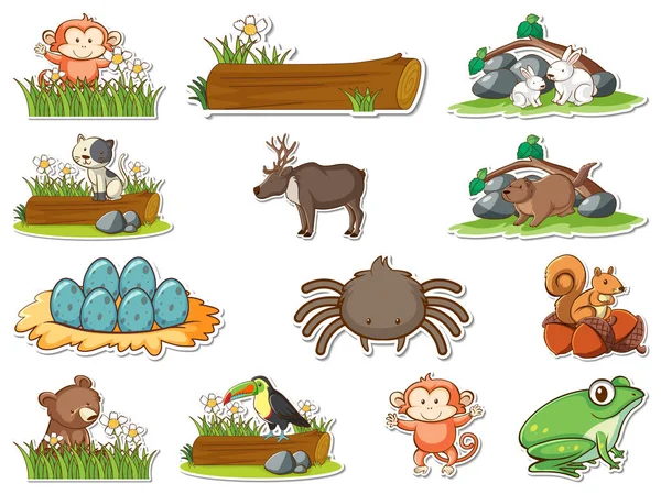 Sticker Set Cartoon Wild Animals Illustration — Vettoriale Stock