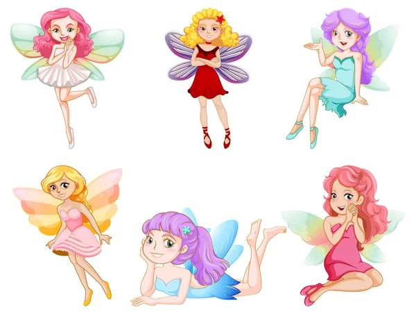 Set Von Verschiedenen Schönen Fee Mädchen Cartoon Figur Illustration — Stockvektor