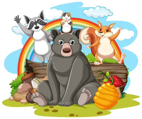 Kütük illüstrasyonunun yanında oturan bir sürü hayvan