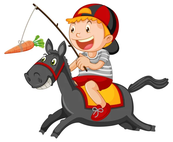 Boy Riding Horse Fishing Carrot Illustration — Stock Vector