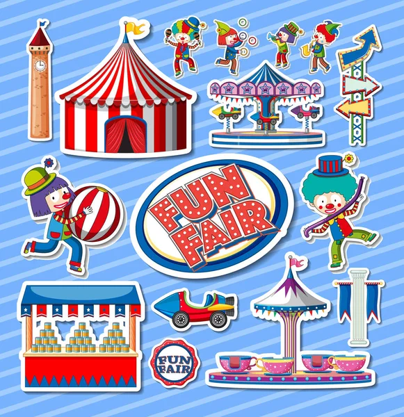 Sticker Set Amusement Park Objects Cartoon Characters Illustration — Image vectorielle
