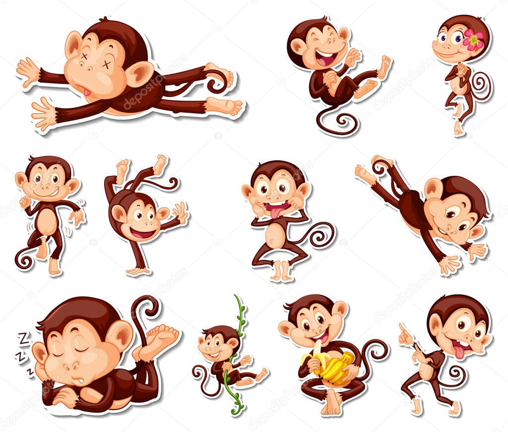 Sticker set of funny monkey cartoon characters illustration