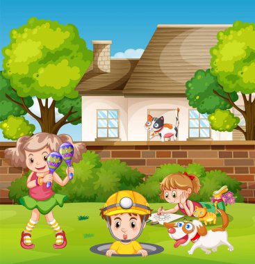 Birçok çocuk resimli ev sahnesi