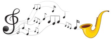 Beyaz arkaplan illüstrasyonu üzerine notaları olan bir saksafon