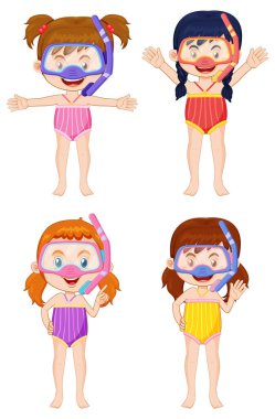 Beyaz arkaplan çizimine şnorkel takan bir kız.