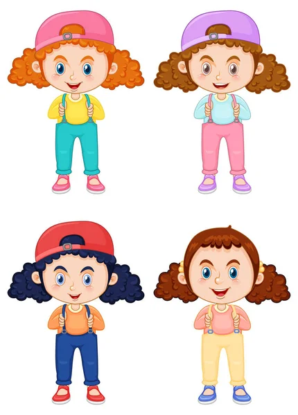 Conjunto Menina Bonito Personagem Desenho Animado Com Encaracolado Pigtail Cabelo —  Vetores de Stock