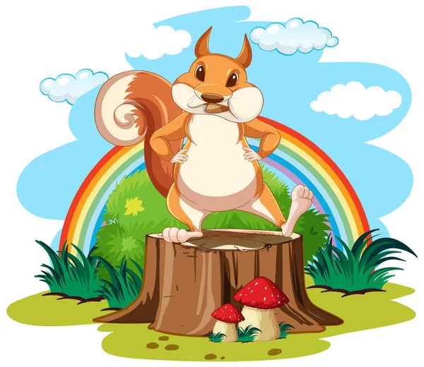 Cute Squirrel Standing Wooden Log Illustration — Stock Vector