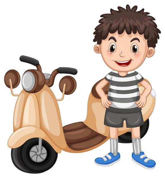 Cartoon Boy Standing Motorcycle Illustration — Stock Vector