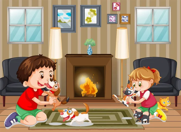 Scena Con Bambini Che Giocano Illustrazione Indoor — Vettoriale Stock