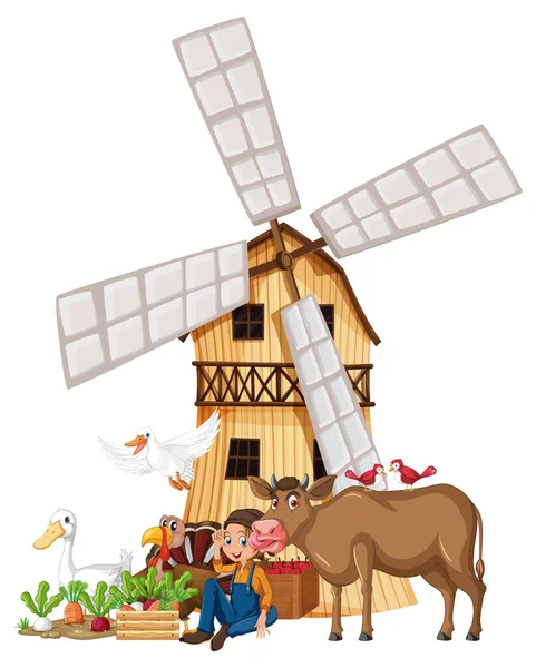 Muchos Animales Granja Ilustración Del Agricultor — Vector de stock