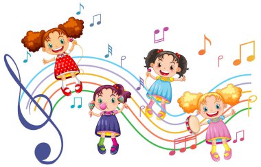 Beyaz arkaplan illüstrasyonunda müzik aletleri olan kızlar