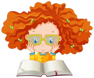 Beyaz arka plan illüstrasyon üzerine bir kitap okuma bir kız