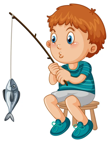 Niño Feliz Sentado Una Silla Ilustración Pesca — Vector de stock