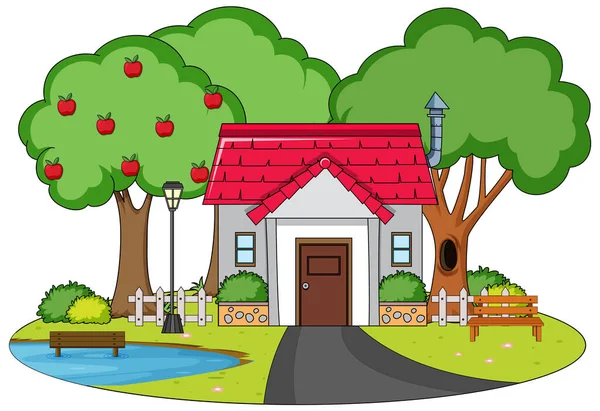 Dom Wieloma Drzewami Małym Stawem Ilustracji — Wektor stockowy