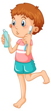 Cute boy cartoon character brushing teeth illustration