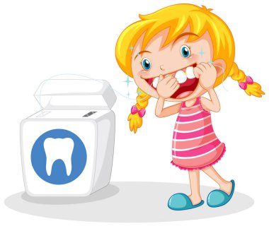 Güzel kız çizgi film karakteri diş ipi çizimi yapıyor.