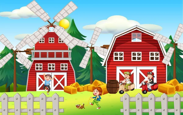 Crianças Felizes Ilustração Paisagem Agrícola — Vetor de Stock