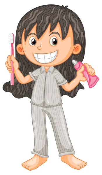 Dziewczyna Piżamie Trzymając Szczoteczkę Zębów Pastę Zębów Ilustracja — Wektor stockowy