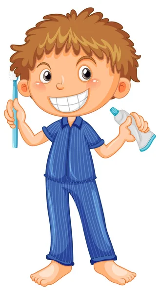 歯ブラシと歯磨き粉のイラストを持つパジャマの男の子 — ストックベクタ