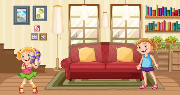 Room Scene Two Girls Playing Illustration — Stockvector