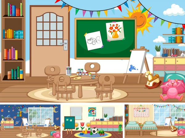 Set Different Kindergarten Classroom Scenes Illustration — Stockvector