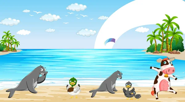 Beach Scene Seals Ducks Illustration — Stok Vektör