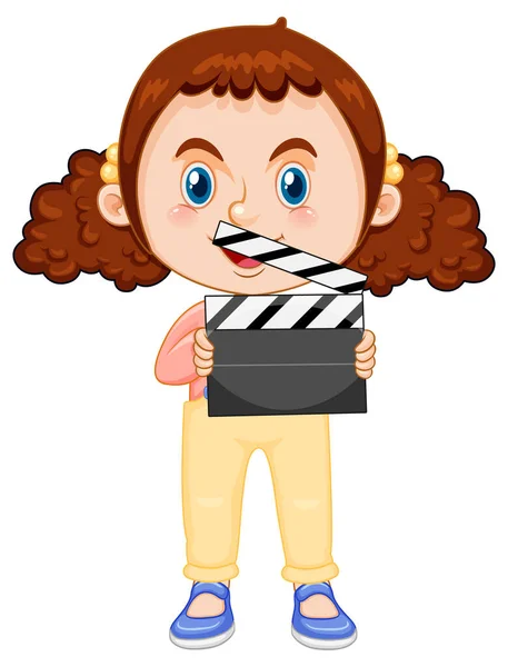 Cute Girl Cartoon Character Curly Pigtail Hair Holding Film Slate — Stock vektor