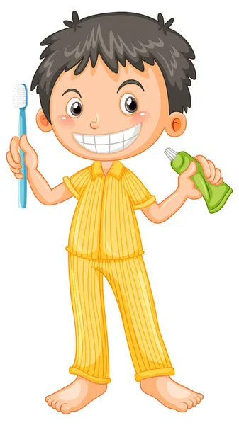 Elinde Diş Fırçası Diş Macunu Olan Pijamalı Bir Çocuk — Stok Vektör