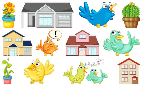 House Design Many Birds Illustration — Stock Vector