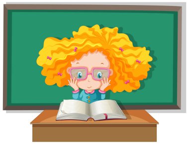 Student with curly hair reading a book wih board on the background illustration