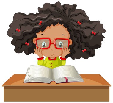 Beyaz arka plan illüstrasyon üzerine bir kitap okuma bir kız