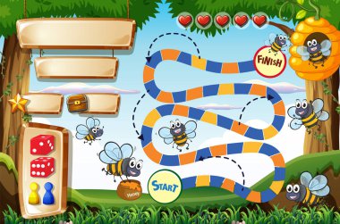 Game design with bee flying in forest illustration