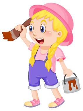 Boyacı kız elinde çalı ve renkli kova çizimi tutuyor.