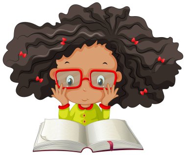 Beyaz arka plan illüstrasyon üzerine bir kitap okuma bir kız