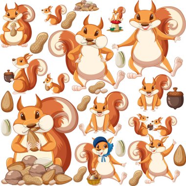 Beyaz arkaplan illüstrasyonuna kurulmuş sevimli hayvanlar