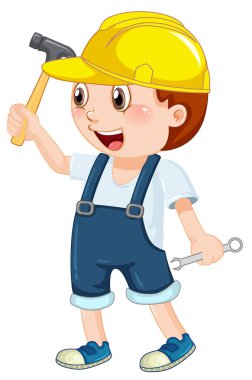 A boy wearing helmet holding hammer illustration