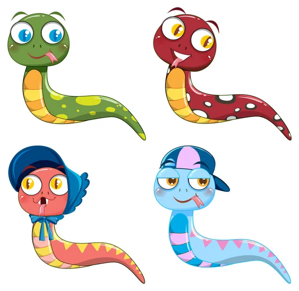 Set Different Cute Snakes Cartoon Style Illustration — ストックベクタ