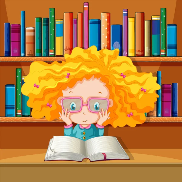 Una Chica Leyendo Libro Biblioteca Ilustración — Vector de stock