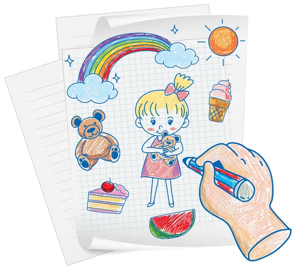 Gekleurde Hand Getekend Schattig Meisje Objecten Illustratie — Stockvector