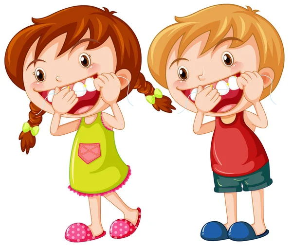 Cute Kids Cartoon Character Flossing Teeth Illustration — ストックベクタ