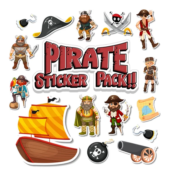 Sticker Πακέτο Των Πειρατικών Χαρακτήρων Κινουμένων Σχεδίων Και Αντικειμένων Εικονογράφηση — Διανυσματικό Αρχείο