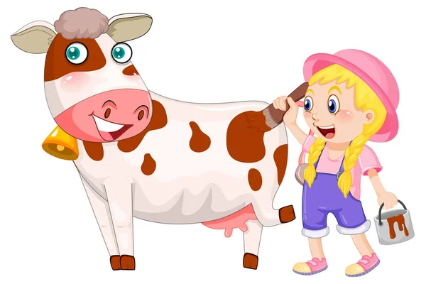 奶牛卡通人物插图上的一幅女孩画 — 图库矢量图片